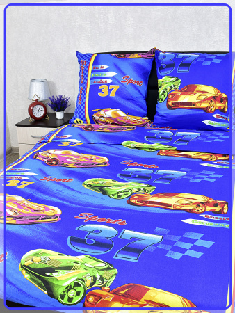 Детское постельное белье бязь Гонки вид 1 синий