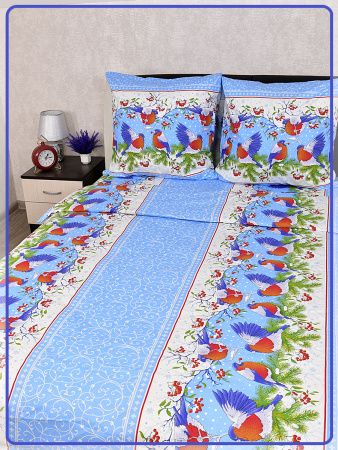 Постельное белье Шуйская бязь Снегири голубые 9784-1