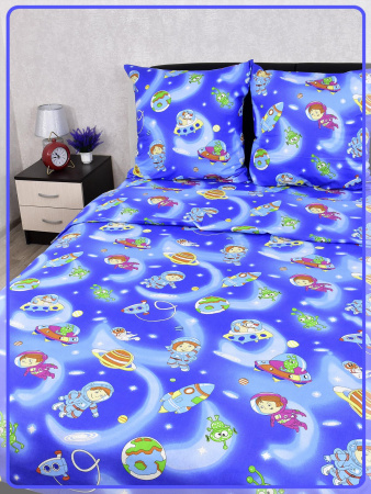 Детское постельное белье бязь Космолетики вид 2 синий