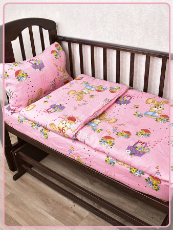 Детское постельное белье бязь Зайчики с корзинкой вид 1 розовый
